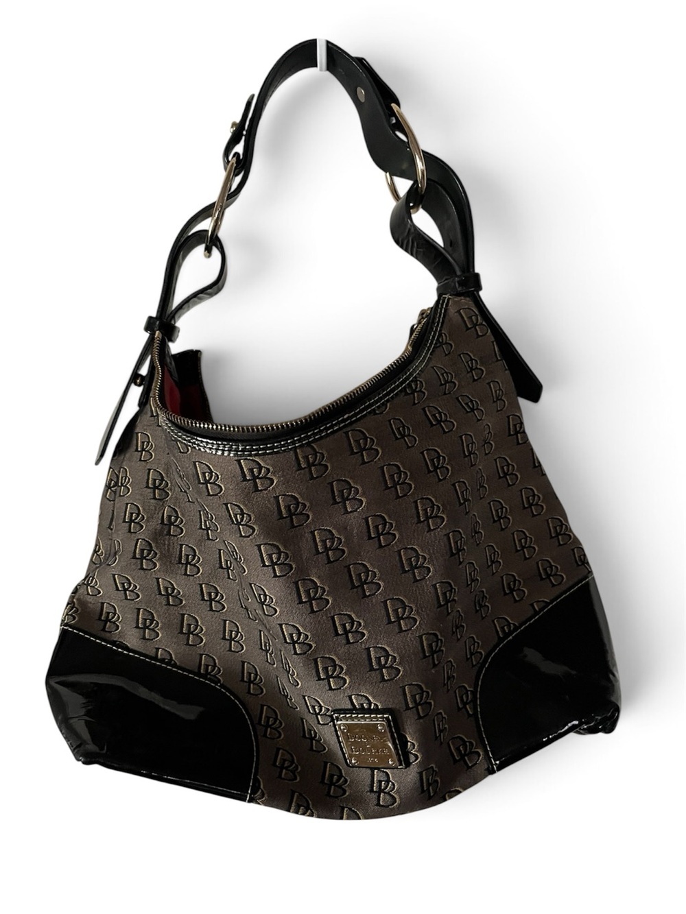 Dooney&Bourke Nikki Shadow Gray Black Shoulder Bag, Black Patent Trim, 16”x9”x5”